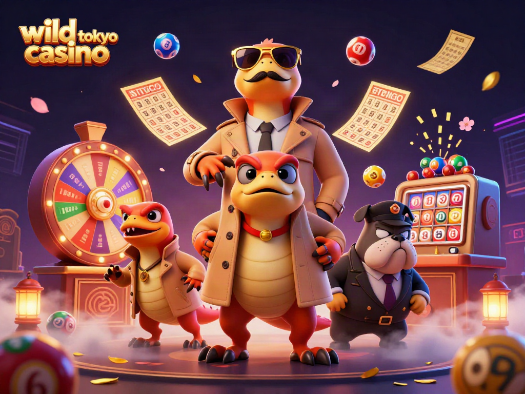 Experience thrilling excitement at wild tokyo casino with playful raptors and vibrant lottery elements in a 3D digital illustration.