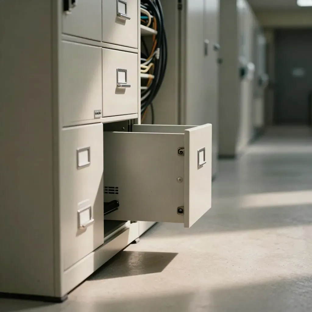 Corridoio tecnico con armadio metallico archivio e cassetto controllo socchiuso in controluce.