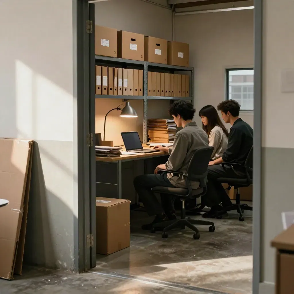 Sala dati temporanea con scatole archivio, laptop chiuso e luce calda d'ufficio.
