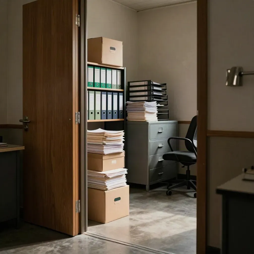Stanza dati industriale con faldoni, scatole archivio e sedia spostata, luce calda e polvere.