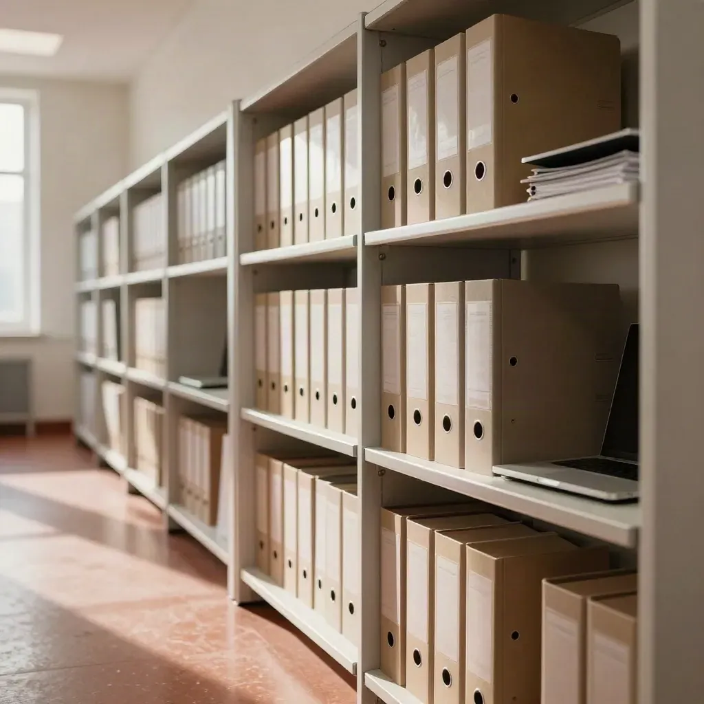 Corridoio di studio professionale con faldoni neutri, laptop chiuso e scaffali ordinati.