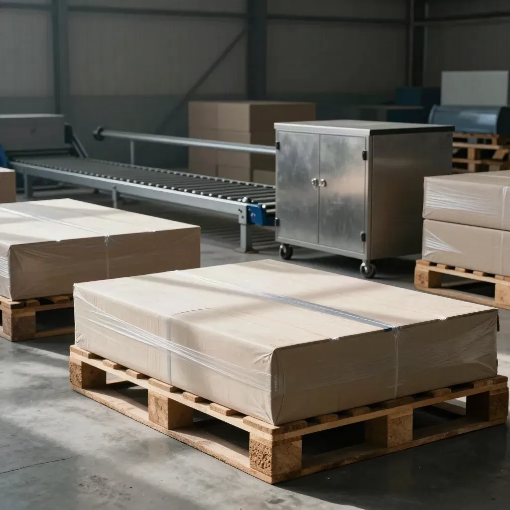 Capannone pulito con pallet vuoti, scatole anonime e linea ferma in luce drammatica.