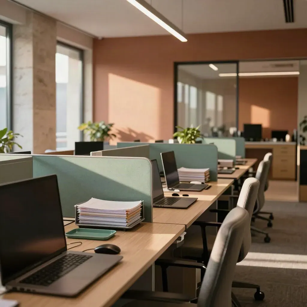 Ufficio ordinato con scrivanie, laptop chiusi e vetri luminosi al tramonto.