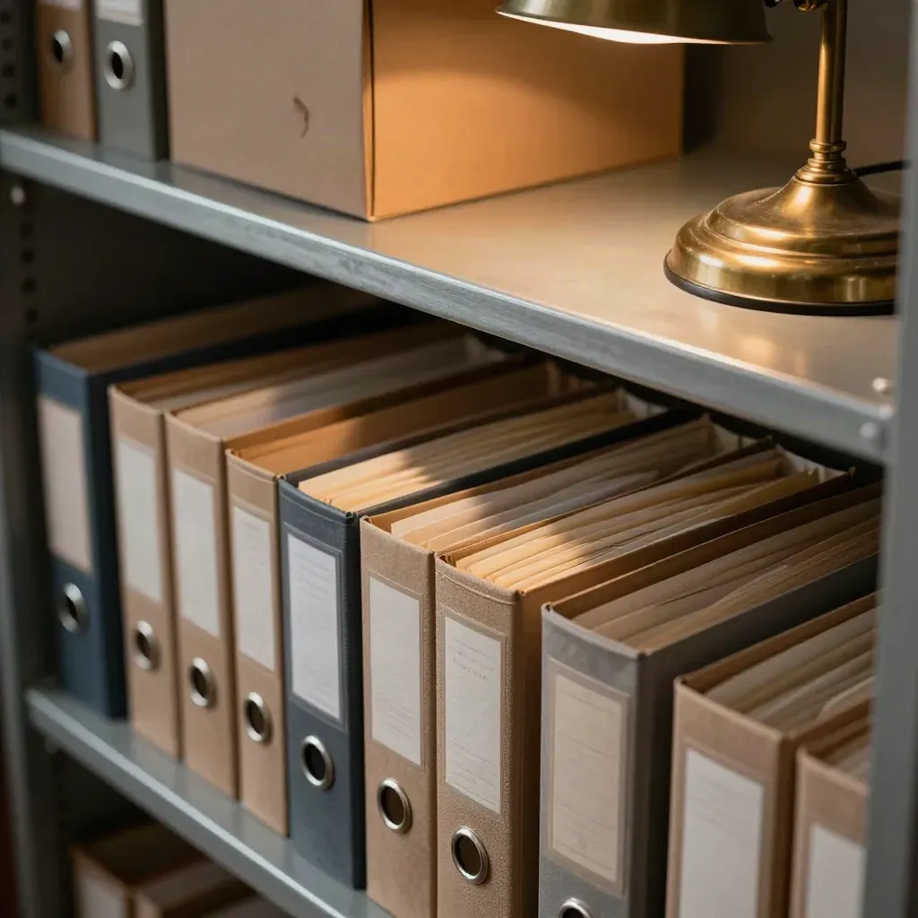 Archivio ordinato con registri chiusi, scatole da trasporto e lampada calda in una stanza tranquilla.