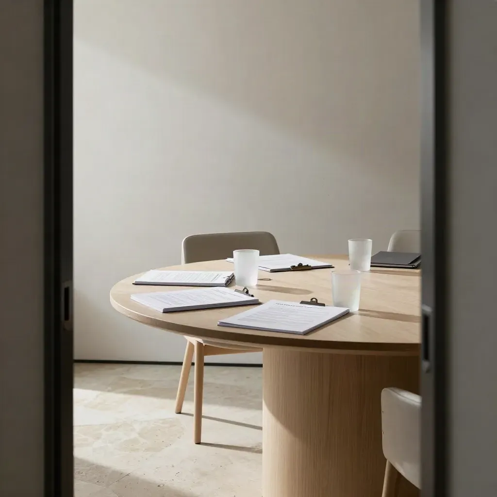 Sala riunioni pronta per il report ai soci, con fascicoli aperti e bicchieri d’acqua.