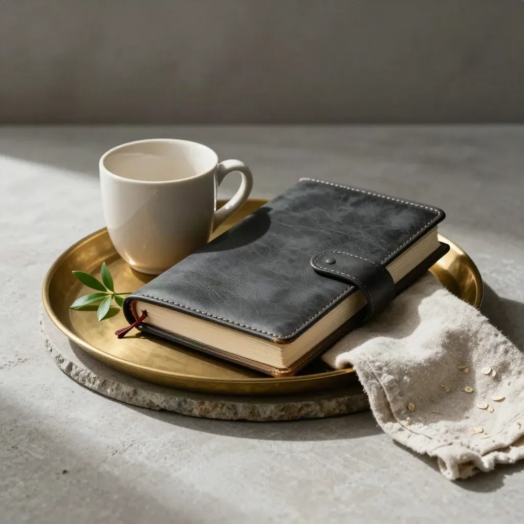 Agenda in pelle su vassoio in ottone, tazza in ceramica e rametto verde su sfondo neutro.