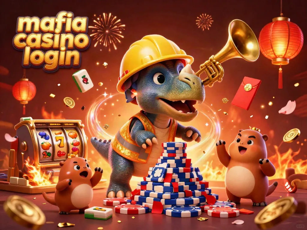 Mafia casino login scene with a triceratops and celebration elements, vibrant gaming atmosphere.